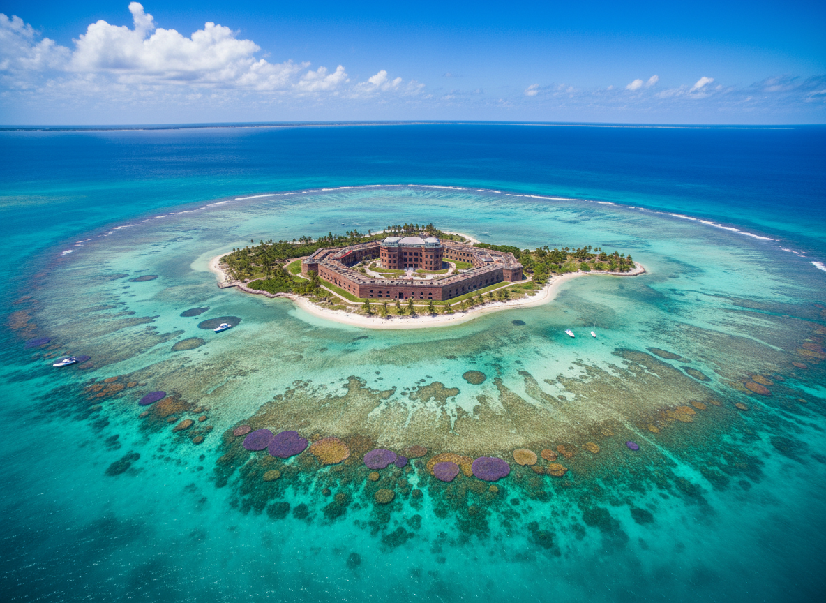 Aerial view of the Dry Tortugas National Park with Fort Jefferson surrounded by turquoise waters and coral reefs
